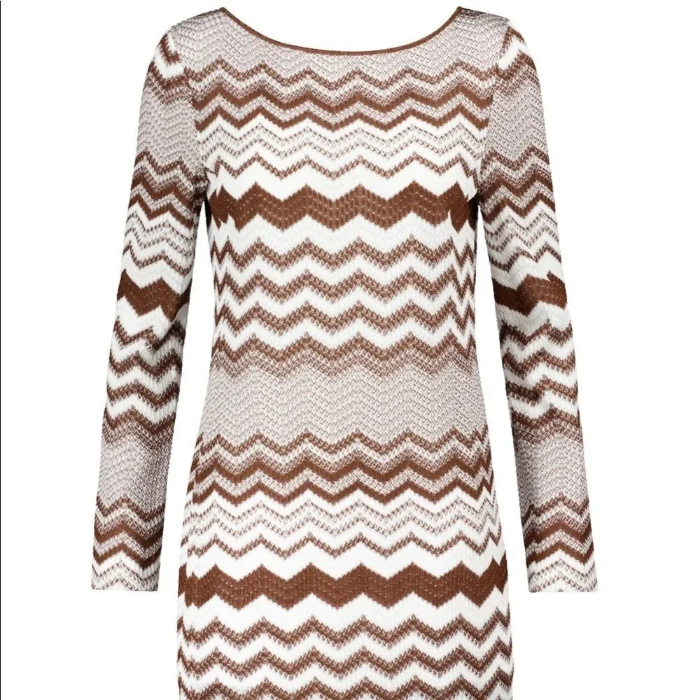 Missoni Zigzag Jacquard Long sleeves Mini Dress Brown & White SZ 10US/46EU - Picture 2 of 15